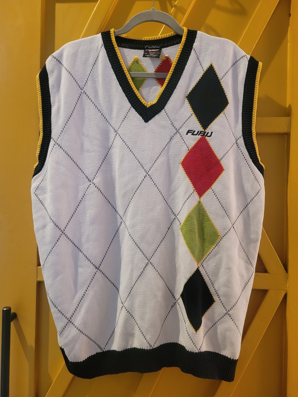 FUBU Men’s White Argyle V-Neck Sweater Vest